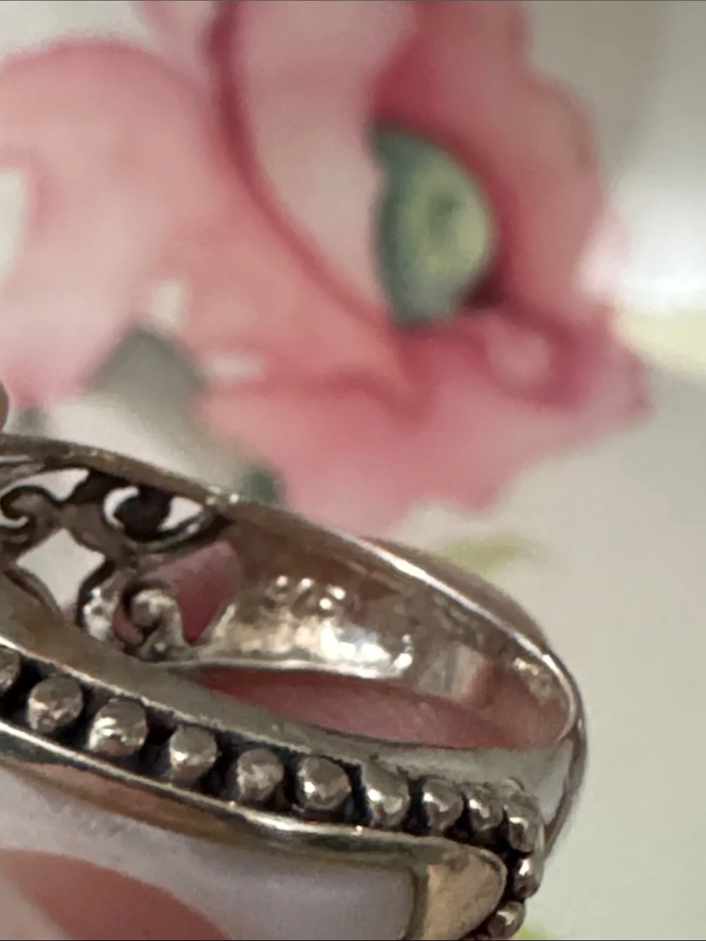 Sterling Silver Ring with White Center Stone and Beaded Edge